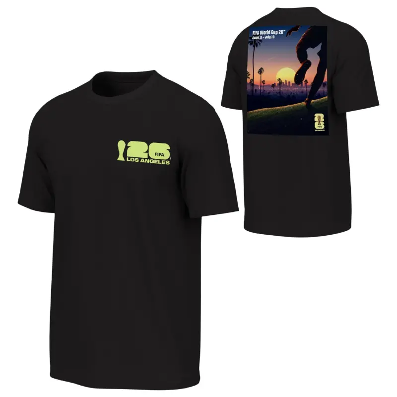 Argentina Kits Store – 2026 World Cup Los Angeles Poster Black T-Shirt – Unisex Soccer Kits and Apparel