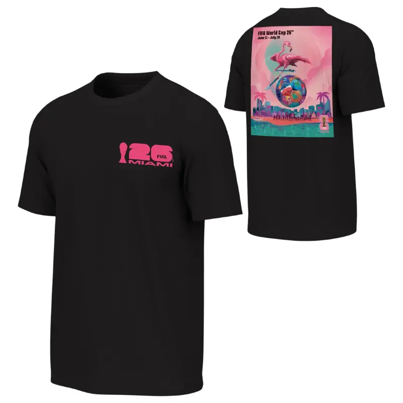 Argentina Kits Store – 2026 World Cup Miami Poster Black T-Shirt – Unisex Soccer Kits and Apparel