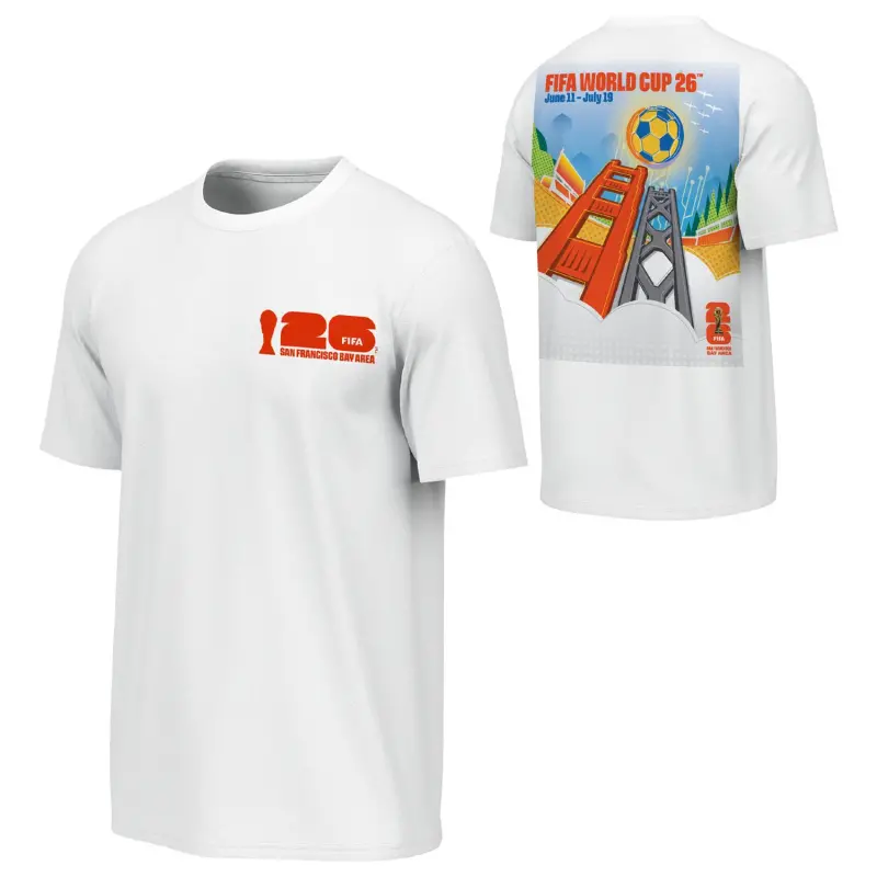 Argentina Kits Store – 2026 World Cup San Francisco Bay Area Poster White T-Shirt – Unisex Soccer Kits and Apparel