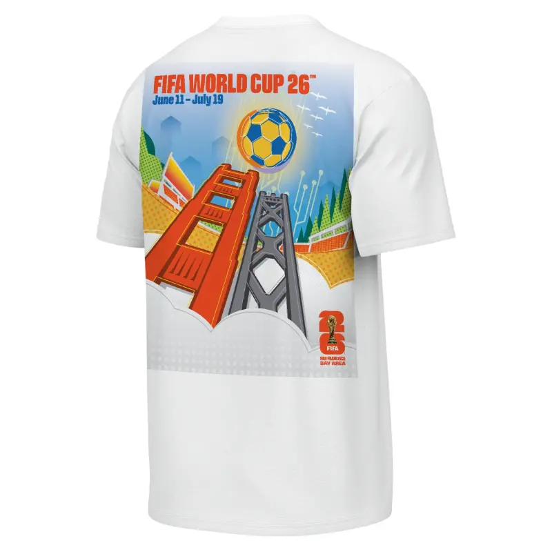 Argentina Kits Store – 2026 World Cup San Francisco Bay Area Poster White T-Shirt – Unisex Soccer Kits and Apparel