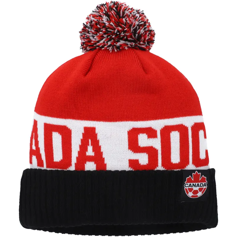 Argentina Kits Store – Canada Soccer Nike Classic Stripe Cuffed Knit Hat with Pom – Black/Red Soccer Kits and Apparel