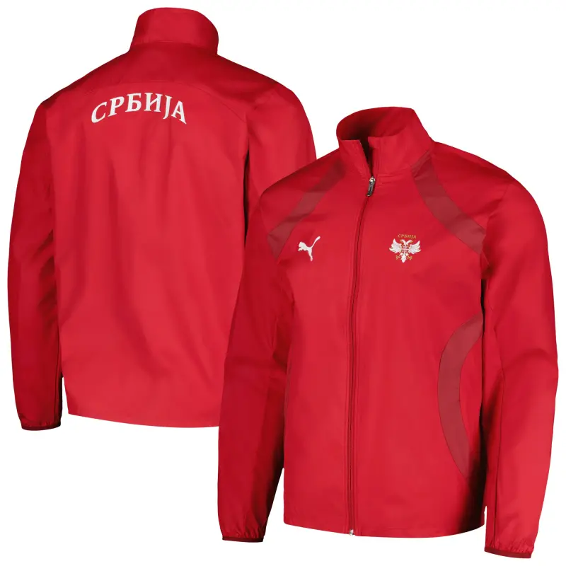 Argentina Kits Store – Serbia National Team Puma 2024 Pre-Match Full-Zip Hoodie Jacket – Red Soccer Kits and Apparel